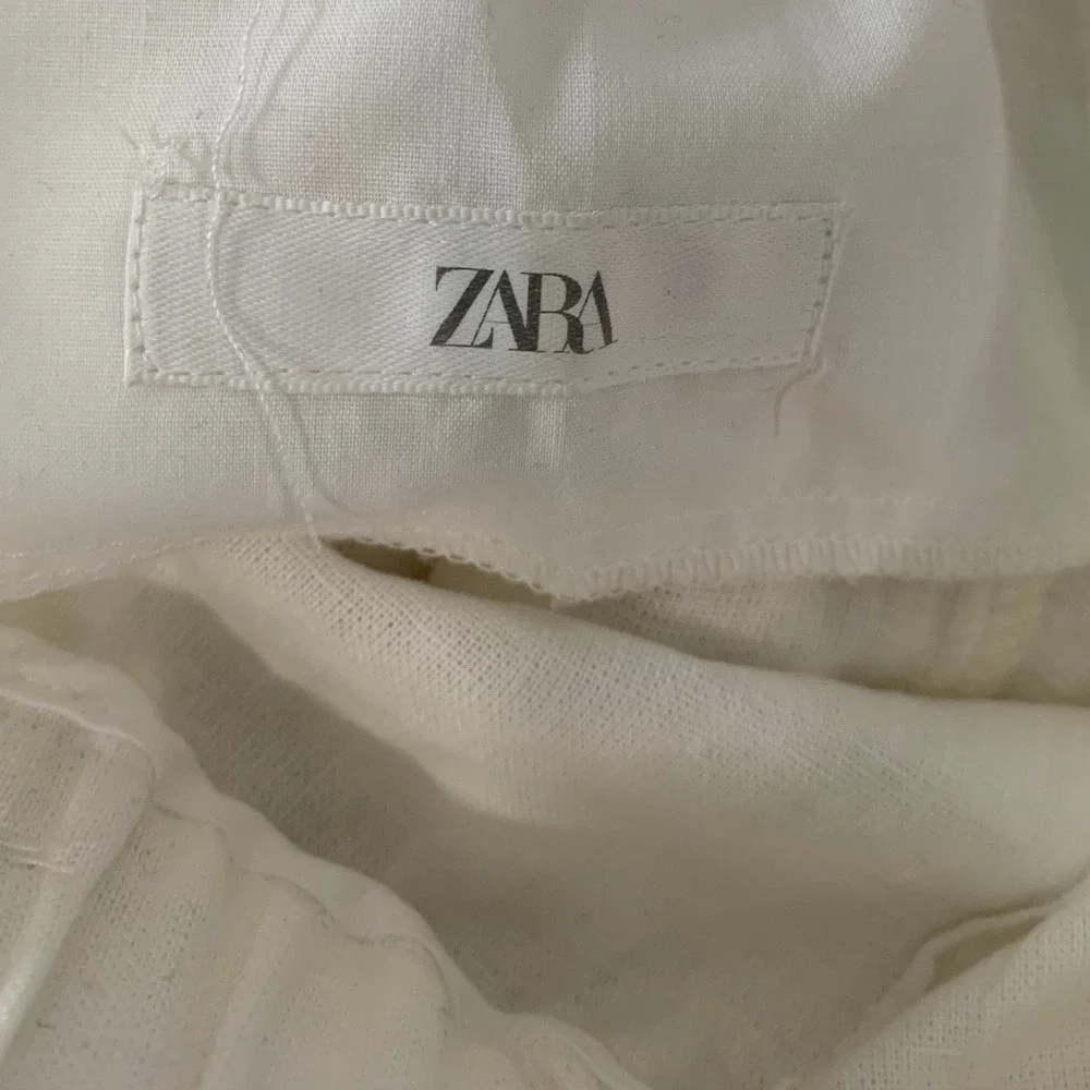 Zara White Linen Blend High Waisted Wide Leg Tie Belt Trousers Pants Large
